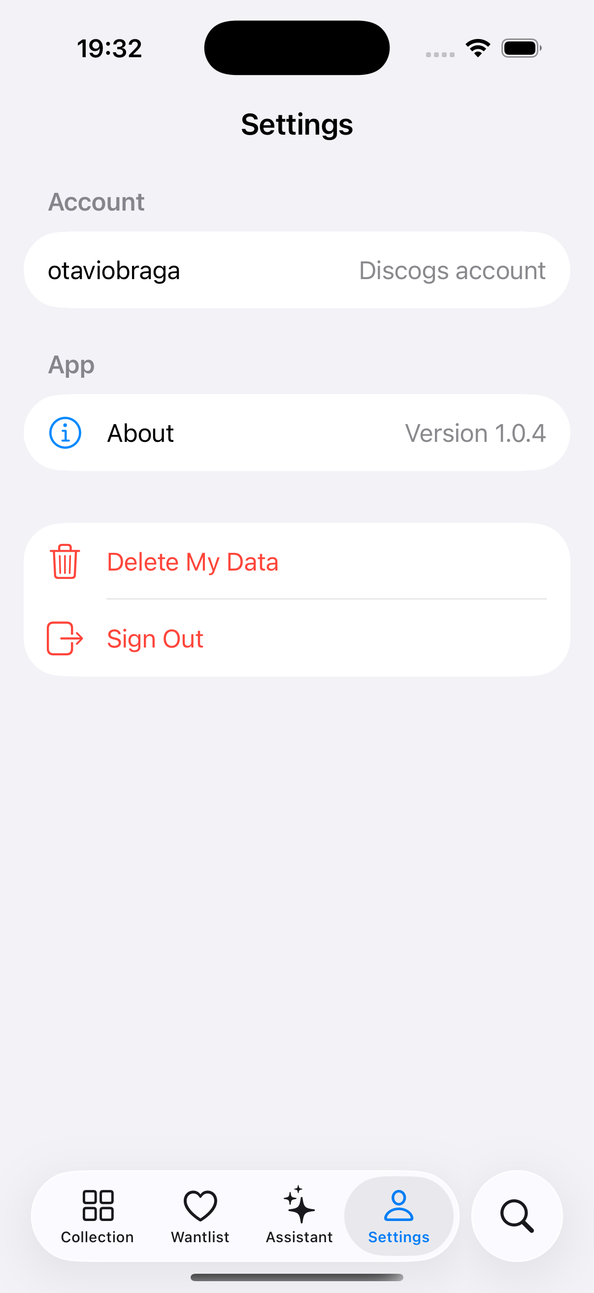 Settings screen showing Delete My Data button